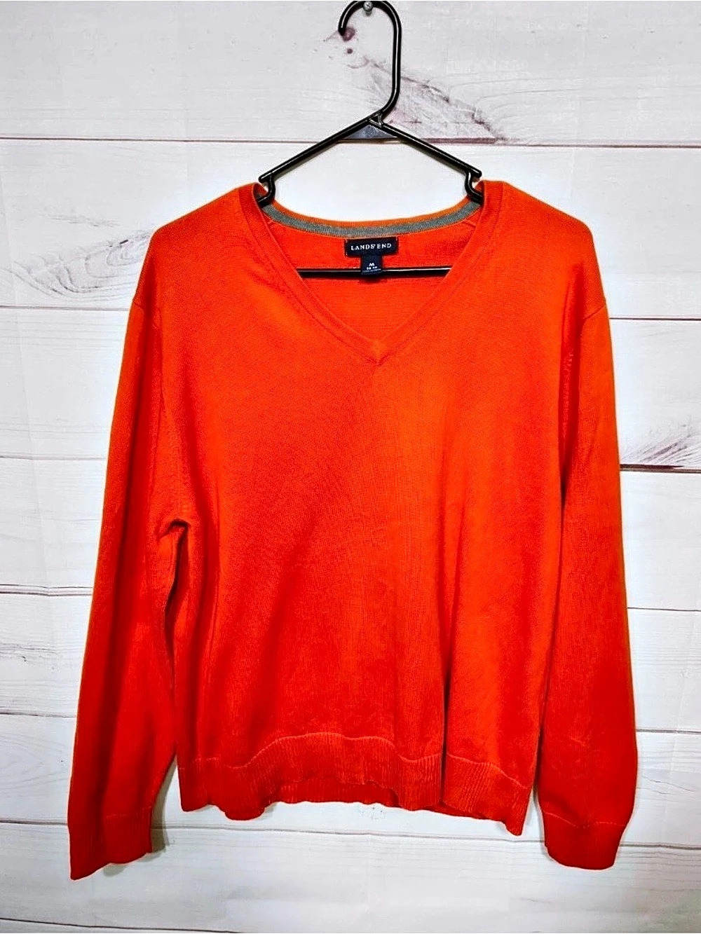 Lands' End Mens Sweater Size L Orange V-Neck Long Sleeve Pullover 100% Cotton